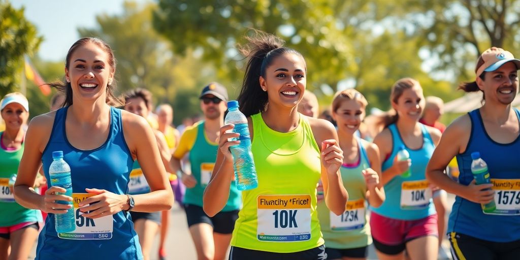 Group of runners with water and healthy snacks outdoors.