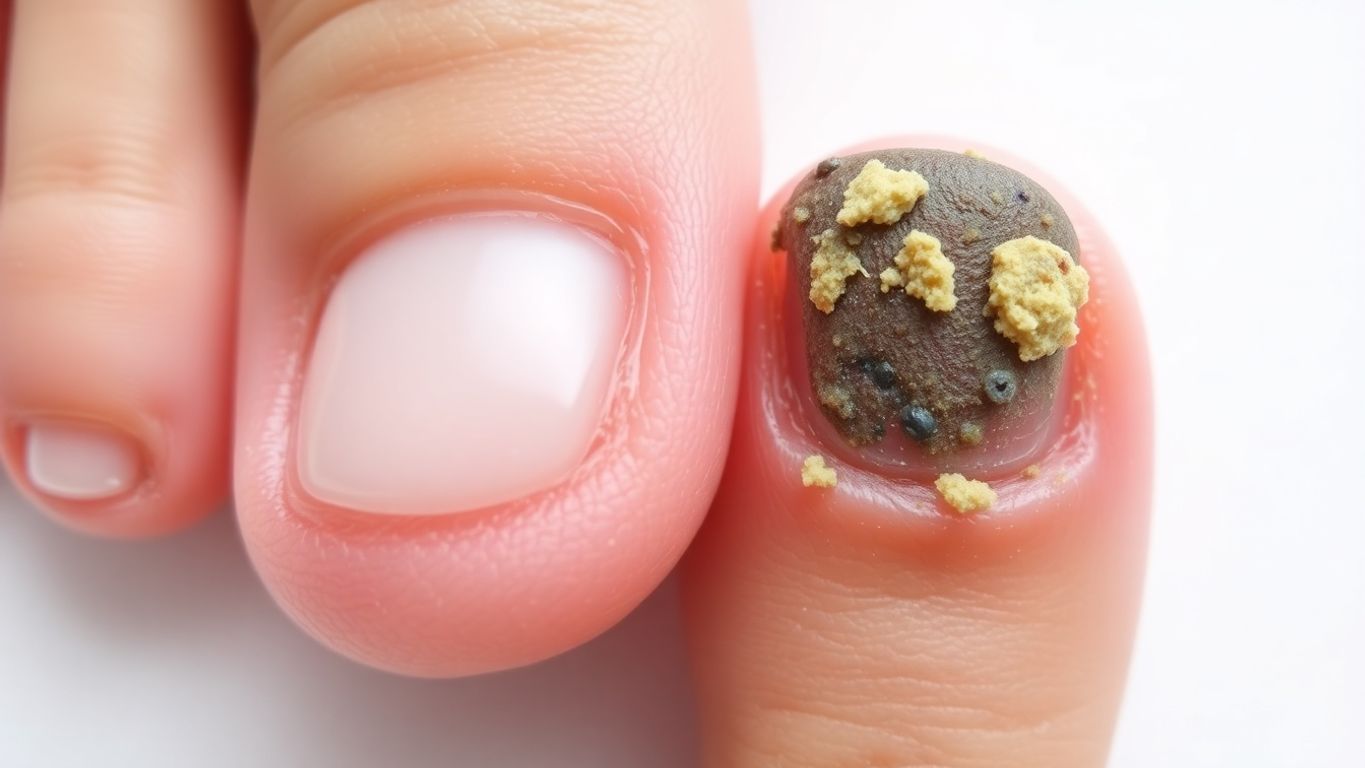 Close-up of healthy nail vs. fungal infection nail.
