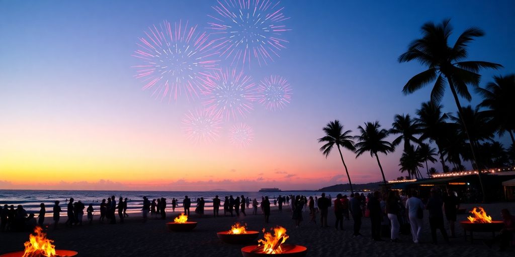 Festive beach party with fireworks over the ocean.