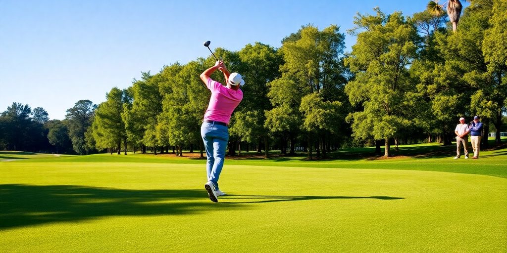 Golfer swinging on a sunny golf course during PGA Tour.