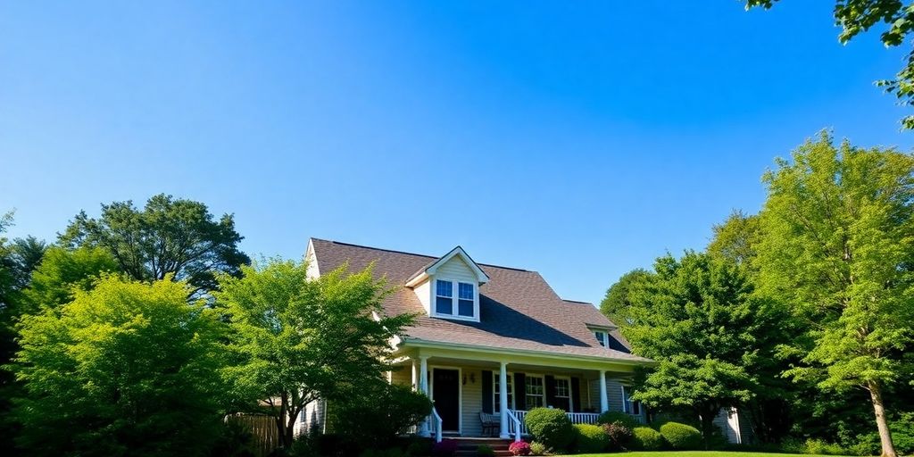 Cozy Long Island home with greenery and blue sky.
