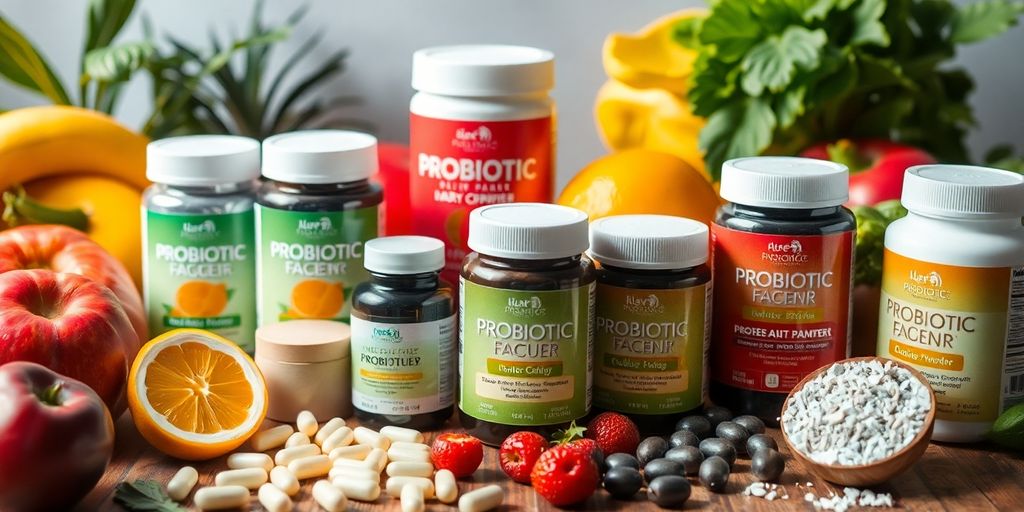 Colorful probiotic supplements with fruits and vegetables on table.