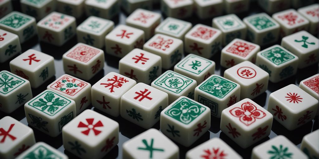 Illustration of Mahjong tiles with unique symbols and designs, arranged aesthetically.