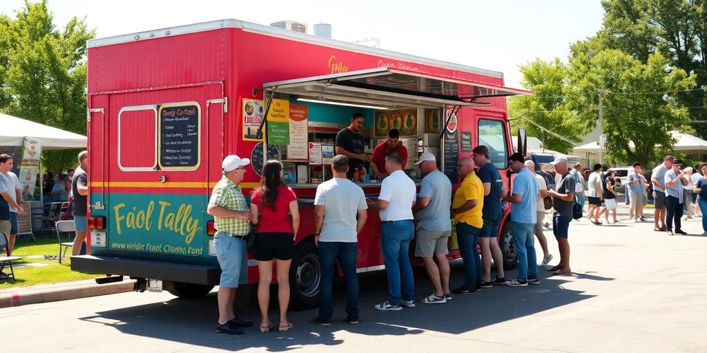 Food truck serving happy customers outdoors.