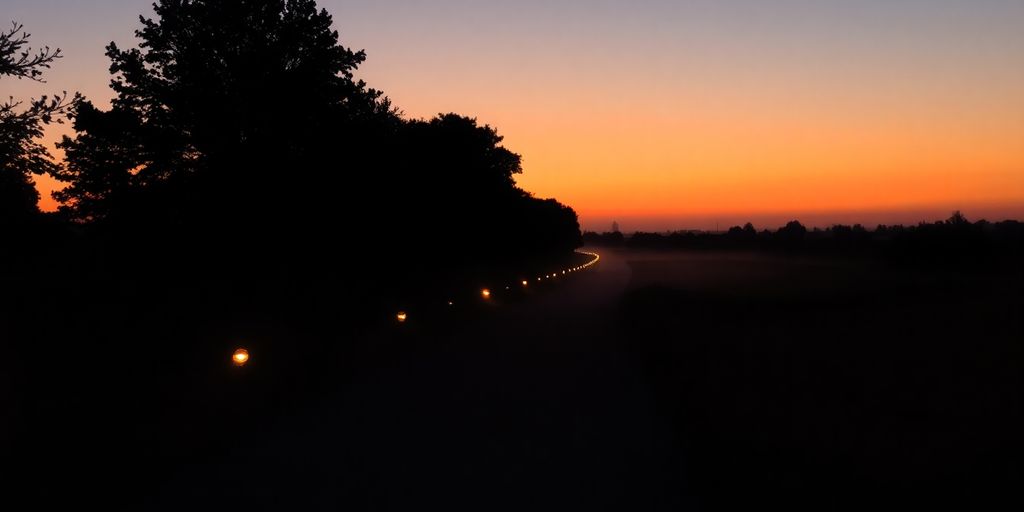 Silhouetted trees along a peaceful, glowing path at dusk.