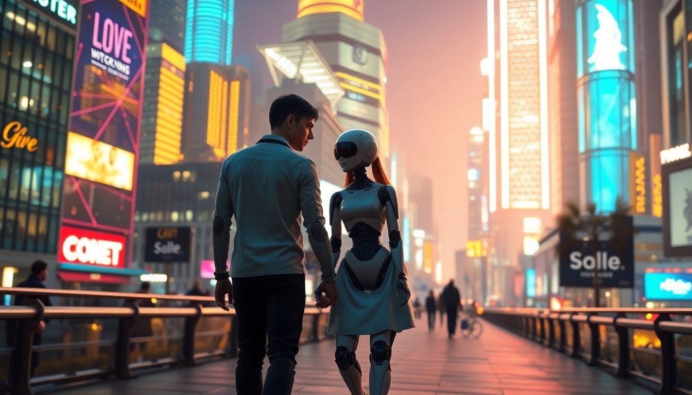 Human and robot couple walking in a futuristic city.