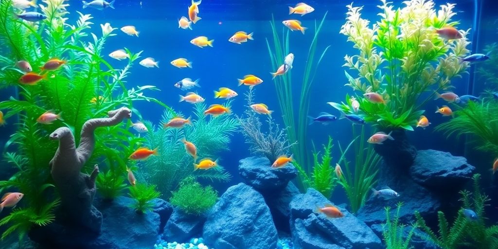 Makukulay na isda na lumalangoy sa isang masaganang aquarium.