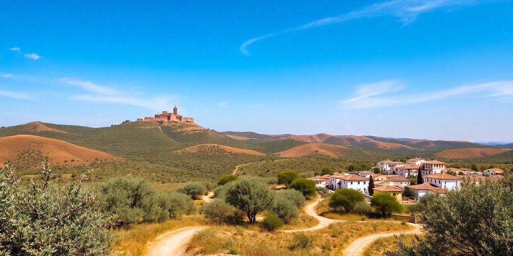 Paisaje español con elementos culturales y naturales.