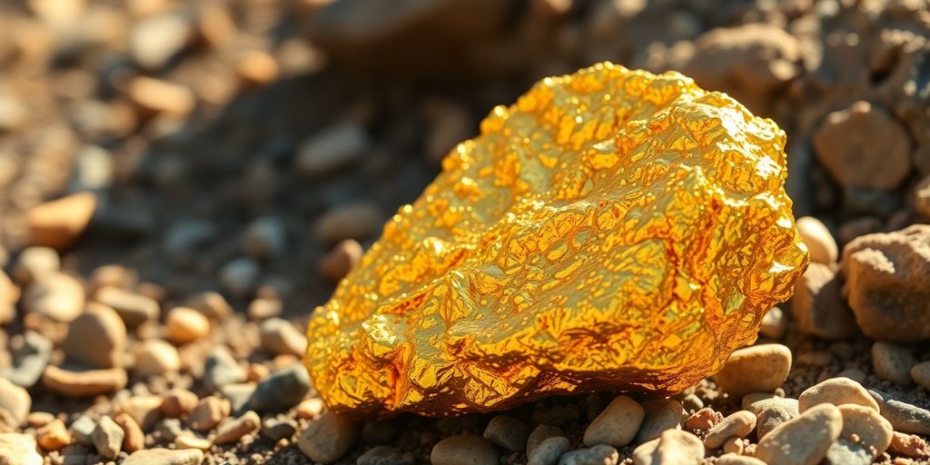 Grosse pépite d'or californienne sur un fond rocheux.