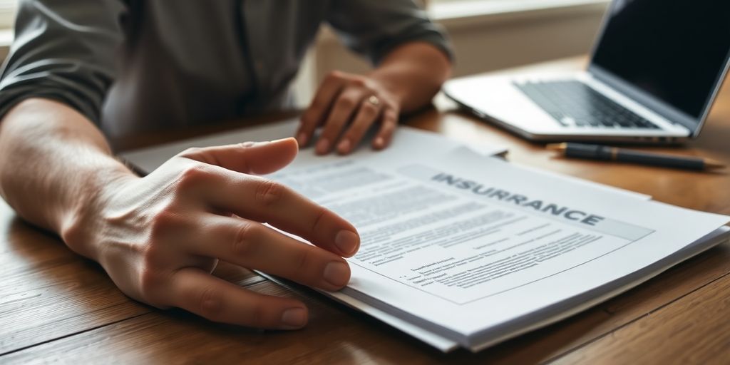 Hands organizing insurance documents on a table.
