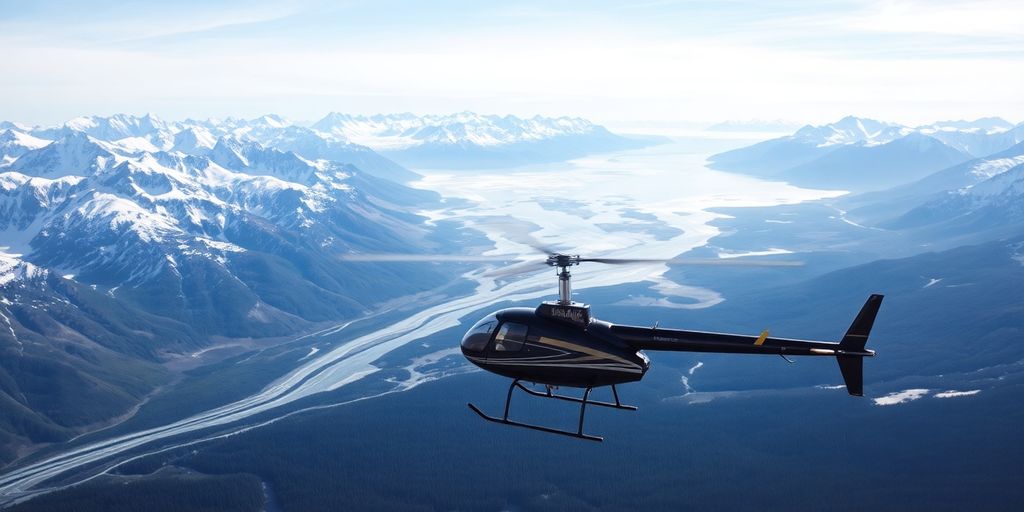 A helicopter flies over vast, snow-covered Alaskan mountains.
