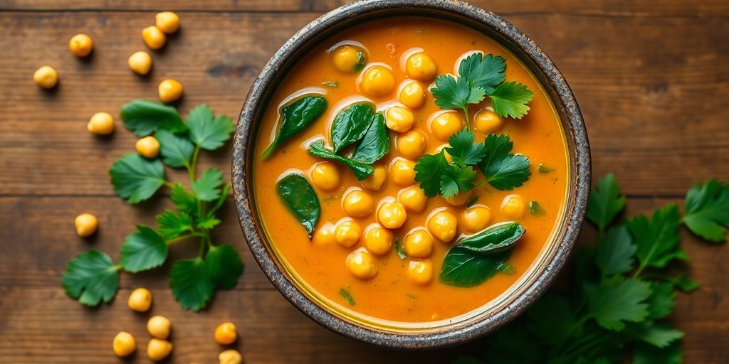 Bowl of creamy chickpea spinach coconut curry with cilantro garnish