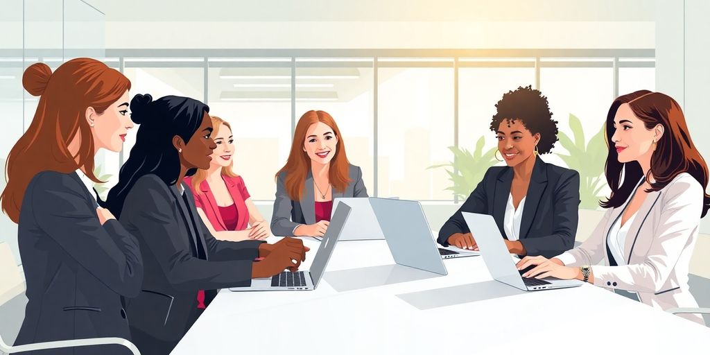 Diverse women collaborating on laptops in a modern office.