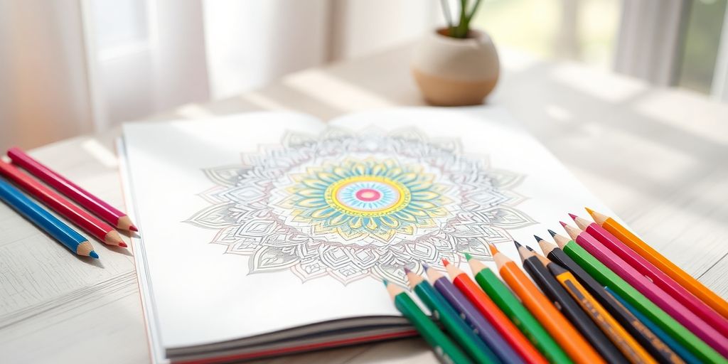 Adult coloring book with colorful pencils and mandala designs.