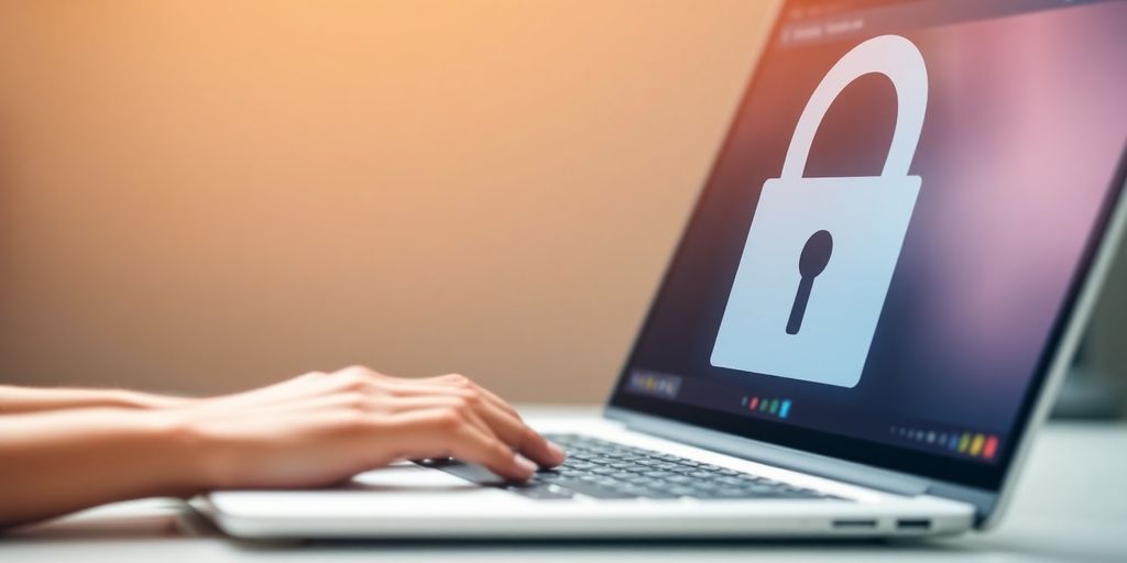 Pessoa usando computador com ícone de cadeado na tela.