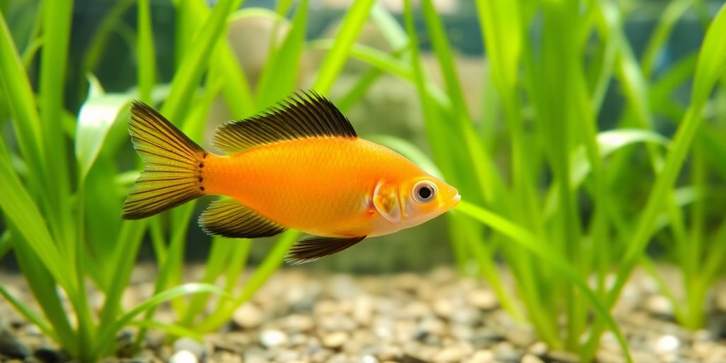 Orange platy fish with black fins swimming in tank.