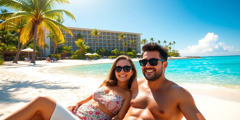 Couple relaxes on Hawaiian beach with resort in background.