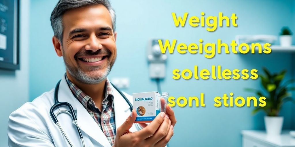 Médico sorrindo com Mounjaro em consultório médico.