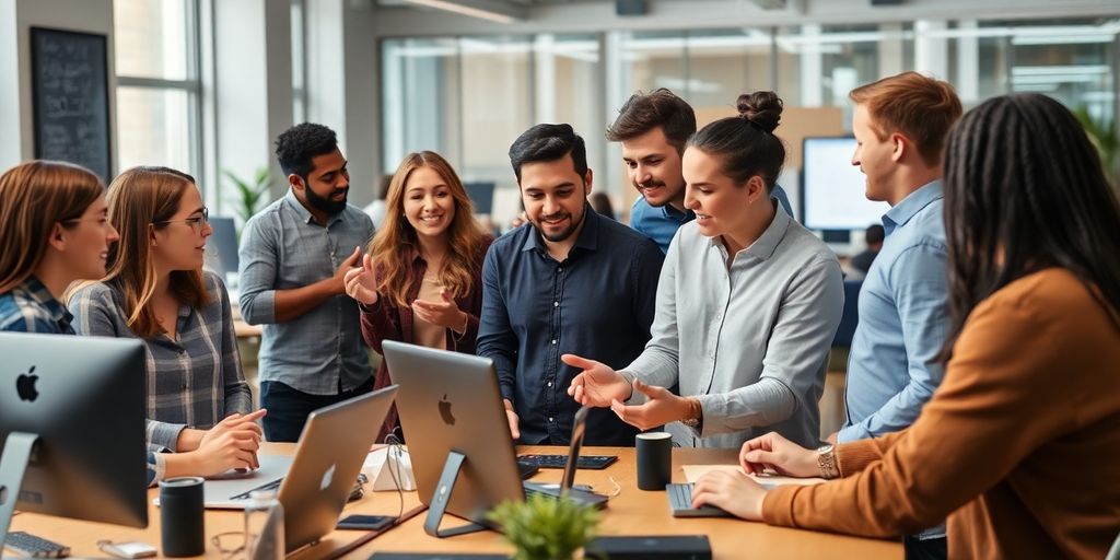 Diverse team collaborating in a vibrant startup office.
