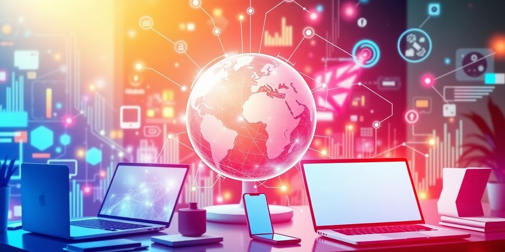 Colorful workspace with technology and global elements.