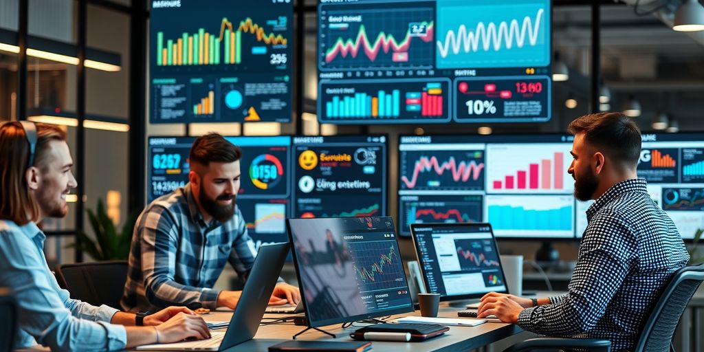 Profissionais de marketing digital colaborando em escritório moderno.