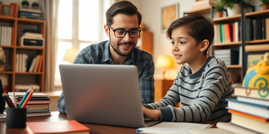 Online tutor assisting a student via laptop in home office.