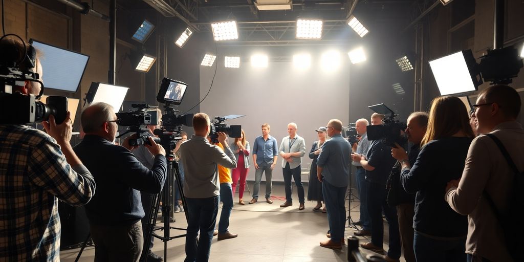 Film producer directing on a busy set.