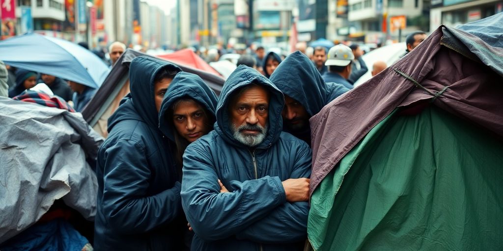 Group of homeless people in an urban environment.