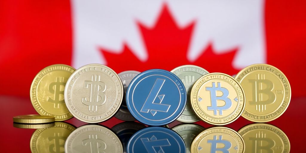 Photograph of stablecoins with a blurred Canadian flag.