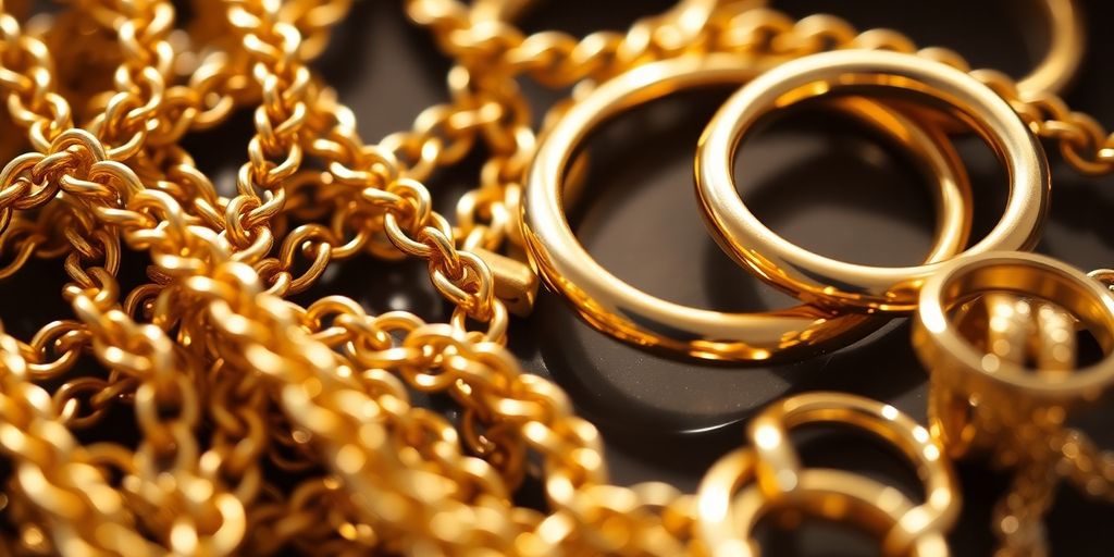Joias de ouro brilhantes, close-up de correntes e anéis.