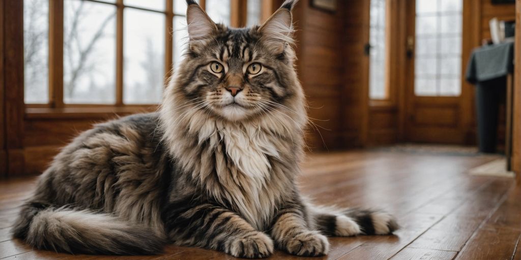Large Maine Coon cat sitting on wooden floor