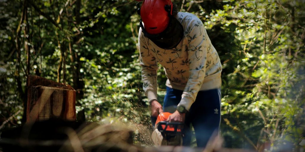 a man with a chainsaw cutting wood in the woods