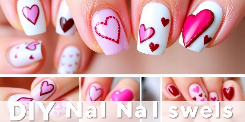 Unhas decoradas com corações em várias cores e estilos.