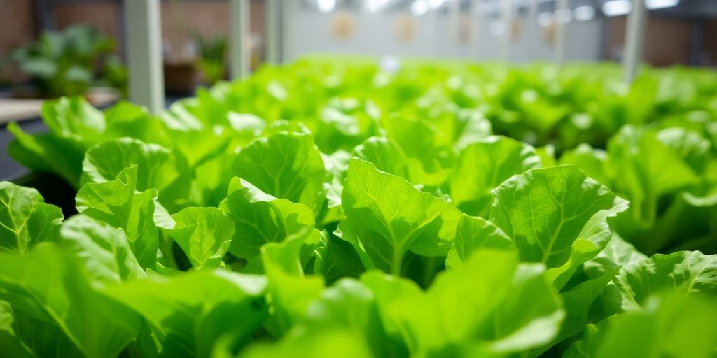 Fresh lettuce growing in a bright indoor garden.