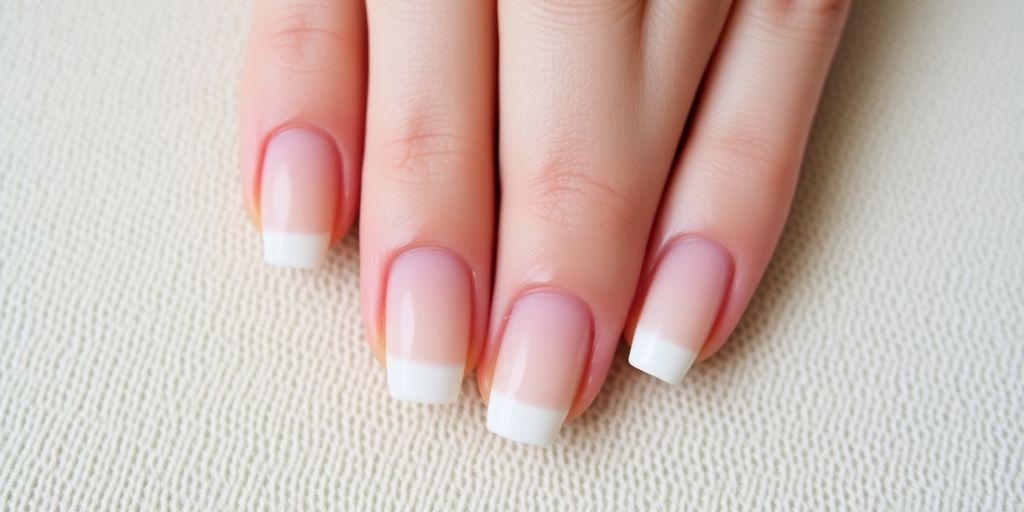 Unhas francesinhas clássicas em fundo neutro.