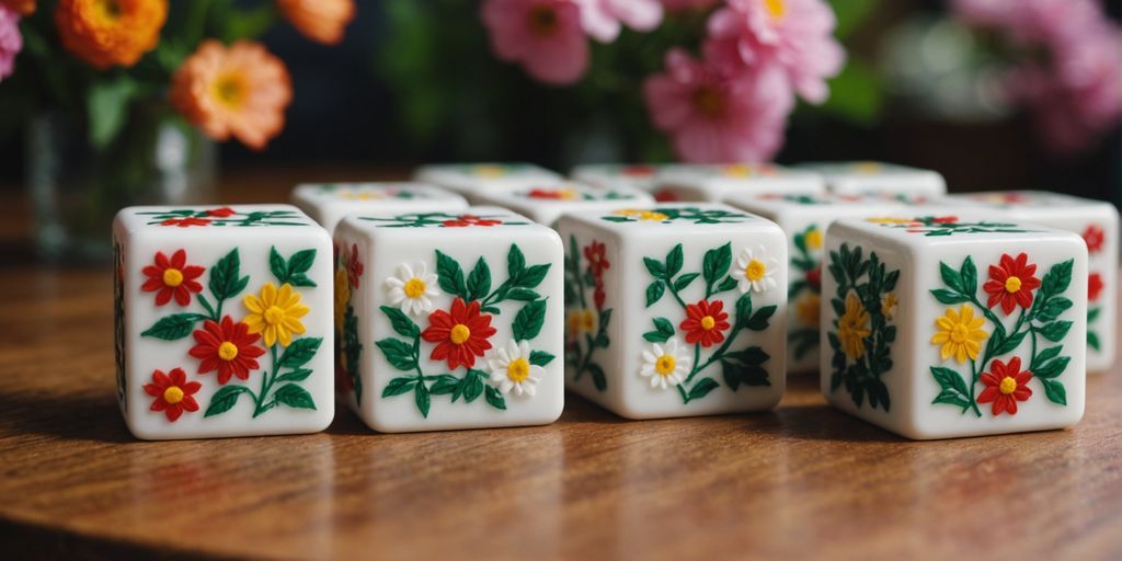 Mahjong tiles depicting flowers and seasons on a table
