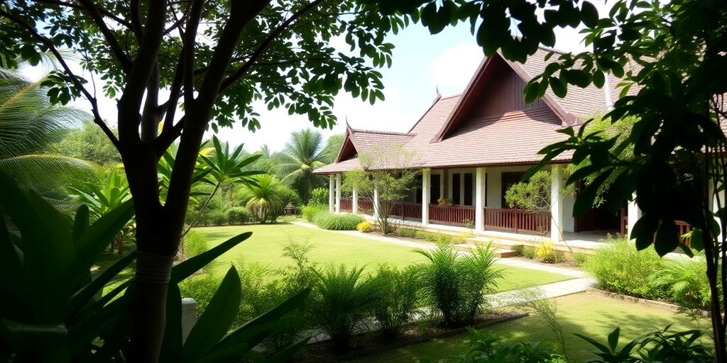 Traditional Thai house in lush green surroundings.