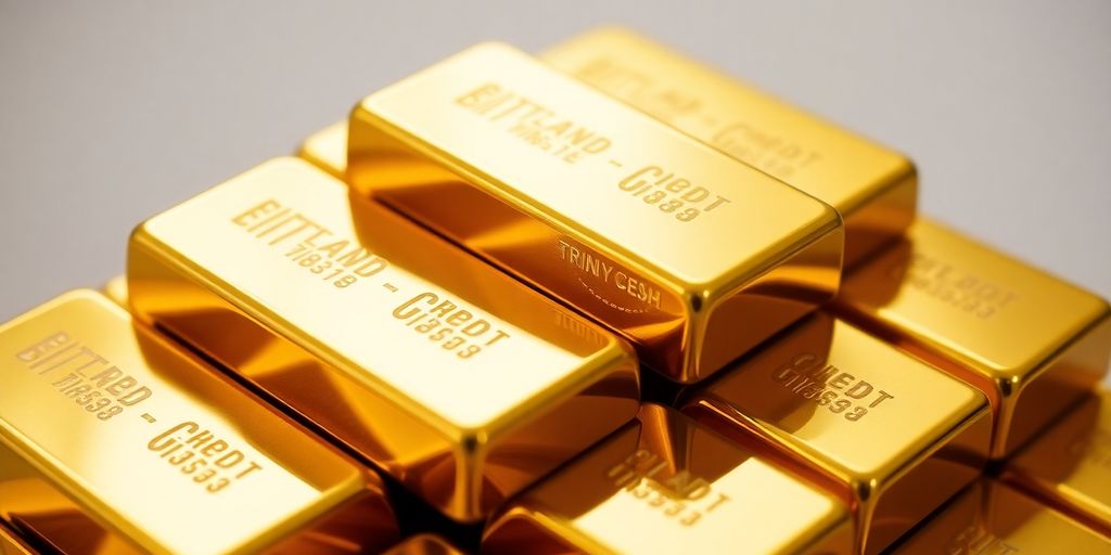 Des barres d'or brillantes empilées sur un fond neutre.