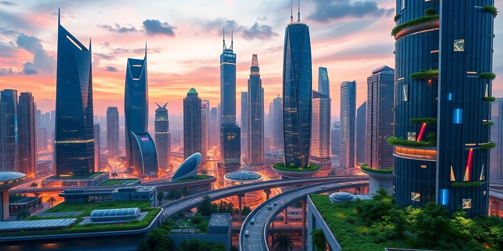 Futuristic city skyline with greenery and modern architecture.