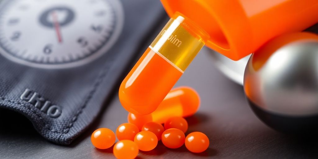 Orange vitamin C capsule falling into a blood pressure cuff.