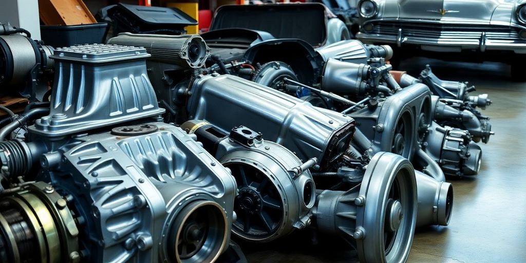 Chrysler car parts neatly arranged.