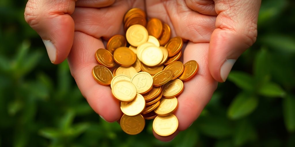 Hand holding golden coins against a green background.