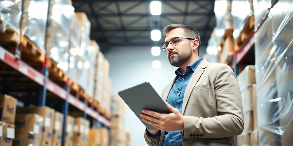 Supply chain manager reviewing inventory.