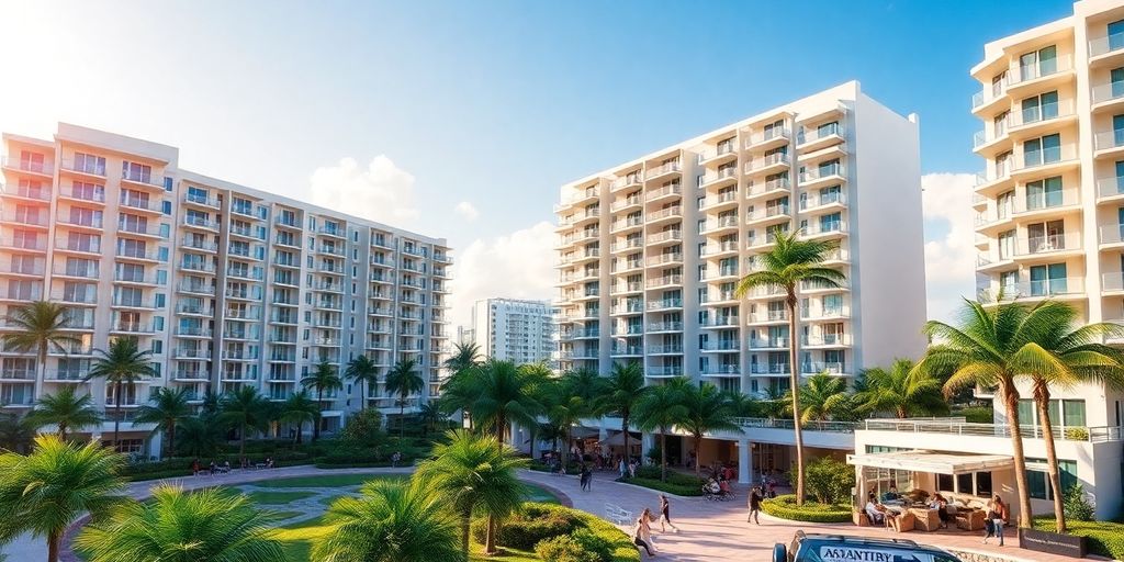 Luxurious Aventura apartments with palm trees and sunny skies.