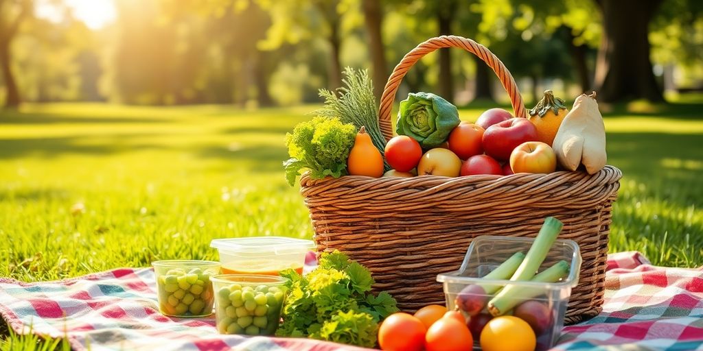 Picnic basket filled with compostable containers and fruit.