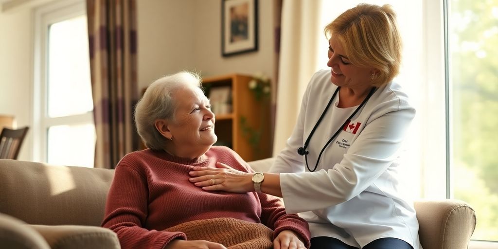 Elderly patient, caregiver, living room, canada