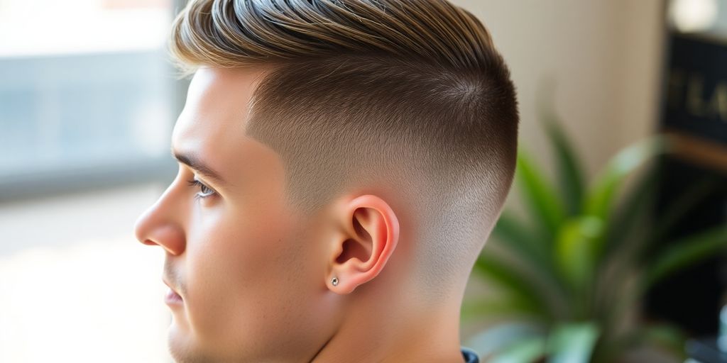 Man with low taper fade haircut, natural light.