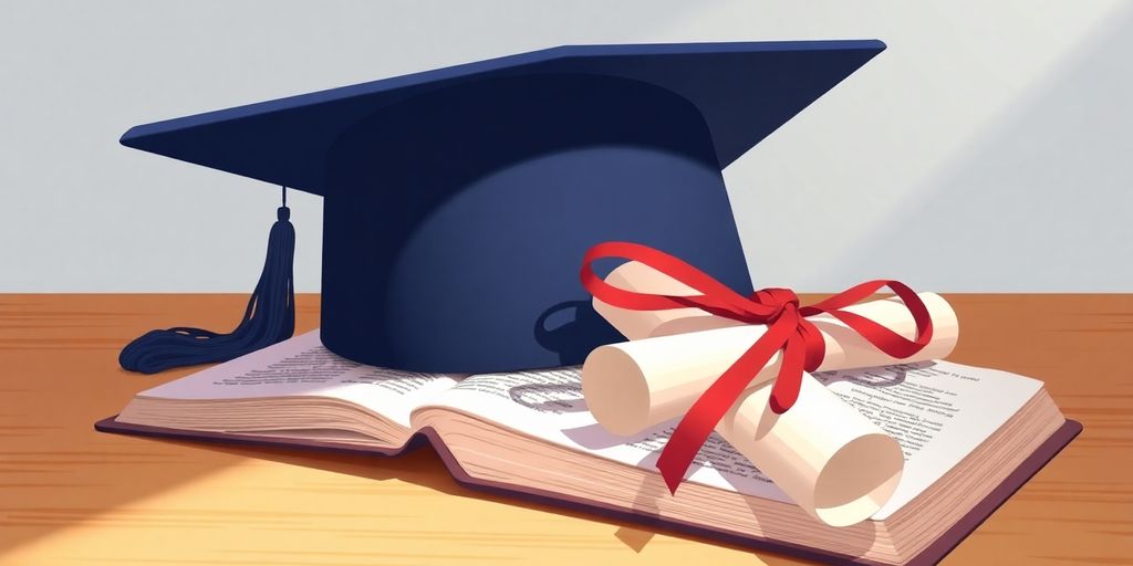 Graduation cap on open book, diploma nearby.