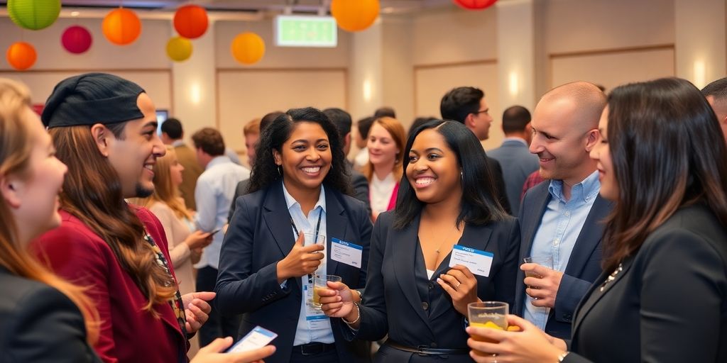 Professionals networking at an engaging event atmosphere.