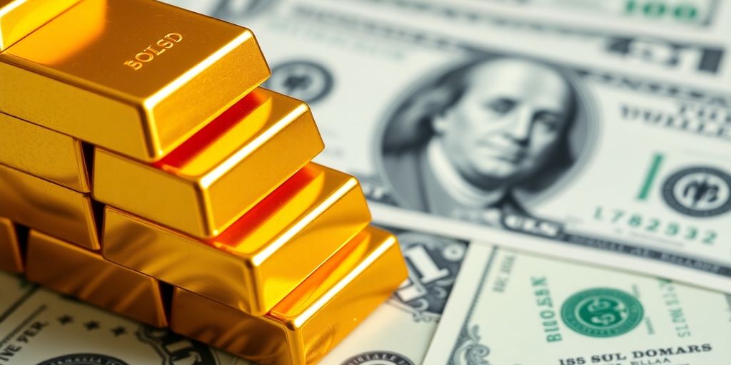 Des lingots d'or avec des billets de dollar en arrière-plan.